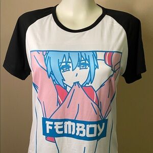 MEINUODUO Black White baseball cut Femboy graphic front knit tee L